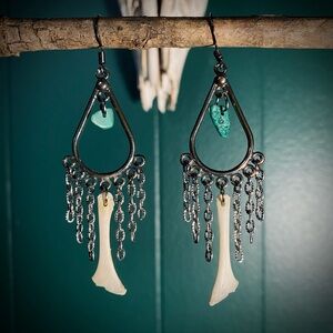 Possum Rib Bone Malachite Teardrop Gunmetal Chain Earrings